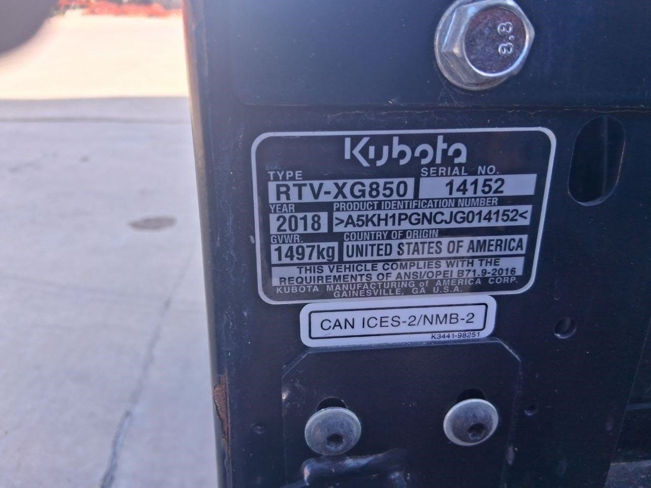 2018 Kubota RTV-XG850 Equipment Image0